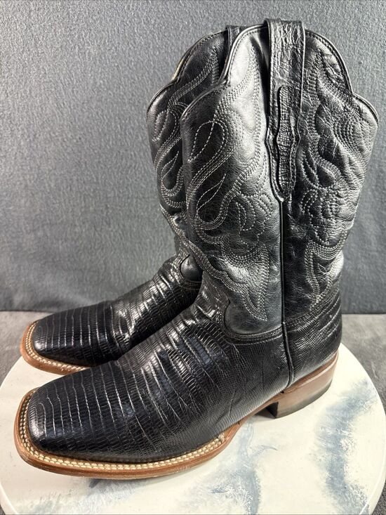 Vaquero Bronco Black Leather Lizard Print Western Cowboy 